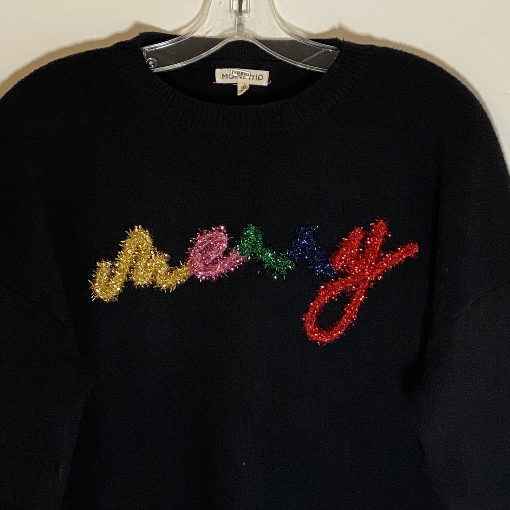 Maintstrip Sweater Womens 1XL Black Merry Christmas Ugly Shiney Pullover Garland - Picture 2 of 15